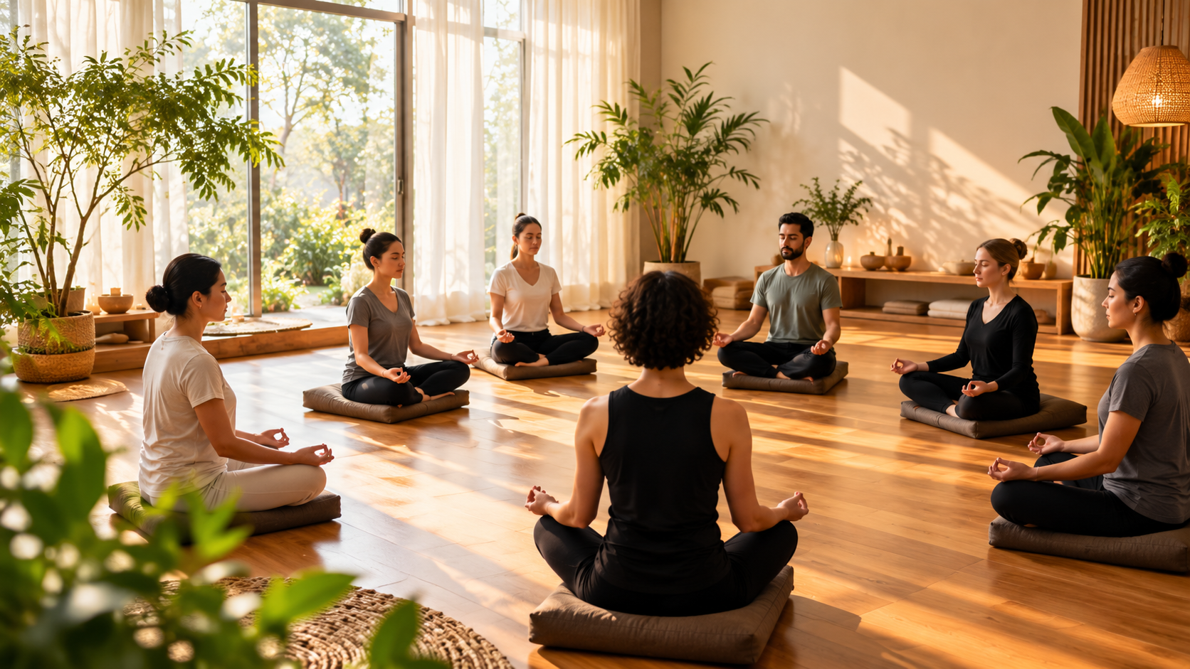 Guided meditation in a quiet hall